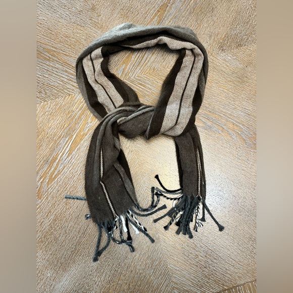 Cashme Brown/Beige Stripes Scarf  One Size 11” X 58” Made In Italy Fringe - Picture 1 of 5